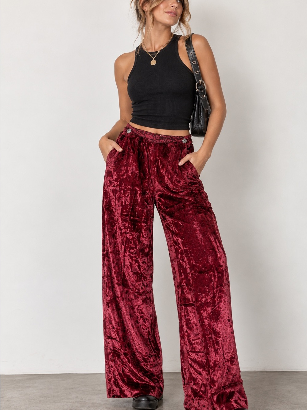 Vintage White Stag Crushed Velvet Pants Size 6 Burgundy Wide Leg High Rise Boho